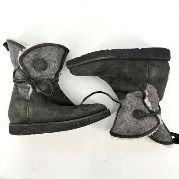 UGG Byanca Gray Suede Leather Sherpa‎ Plaid Foldover Button Boots Size 6 - Picture 3 of 10
